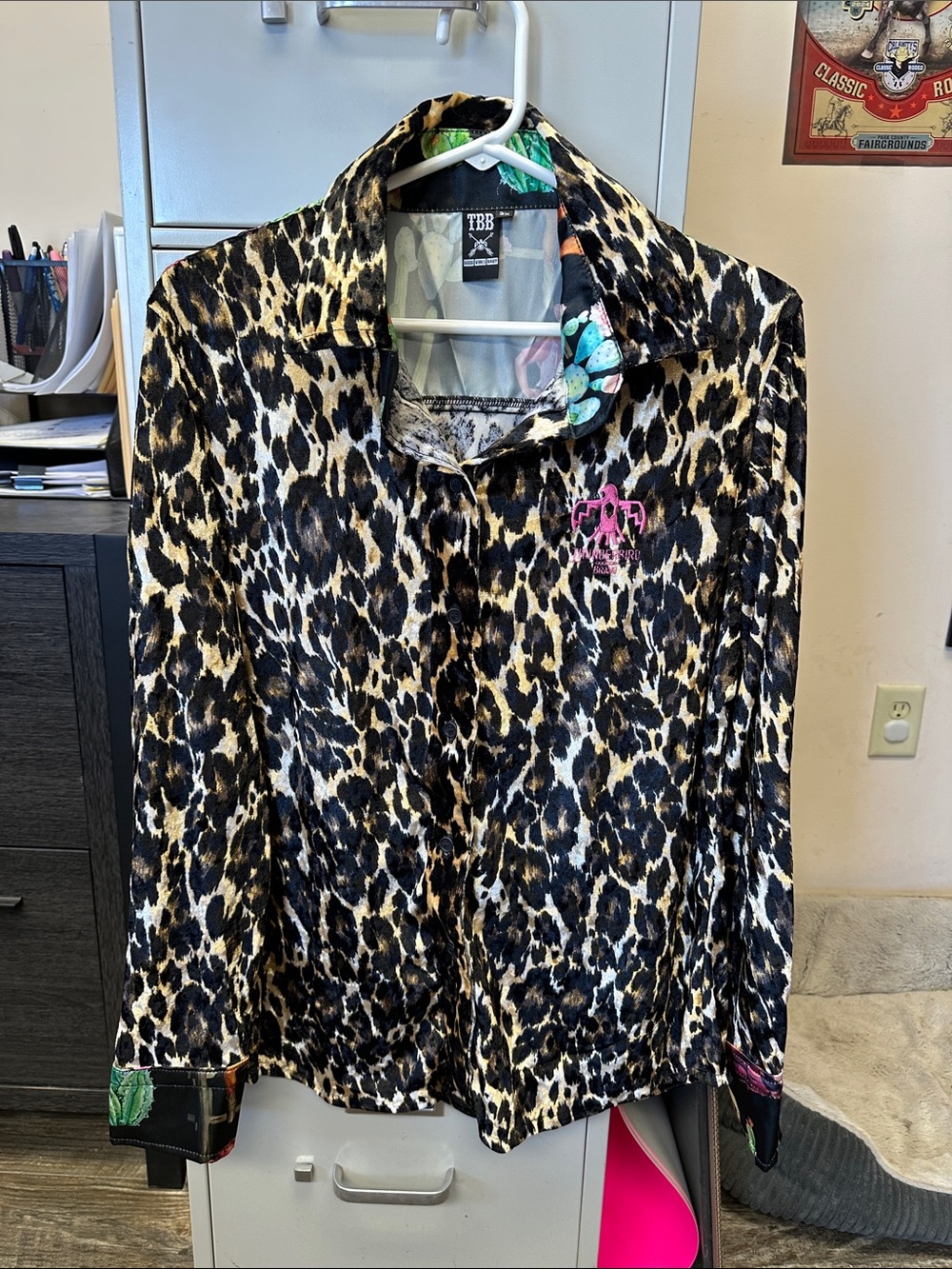 Thunderbird Leopard Print Button-Up Shirt with Pink Logo